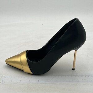 FSJ Black And Gold Sexy Slip On Formal Pumps Stiletto Heels Pointy Toe Chic Shoe